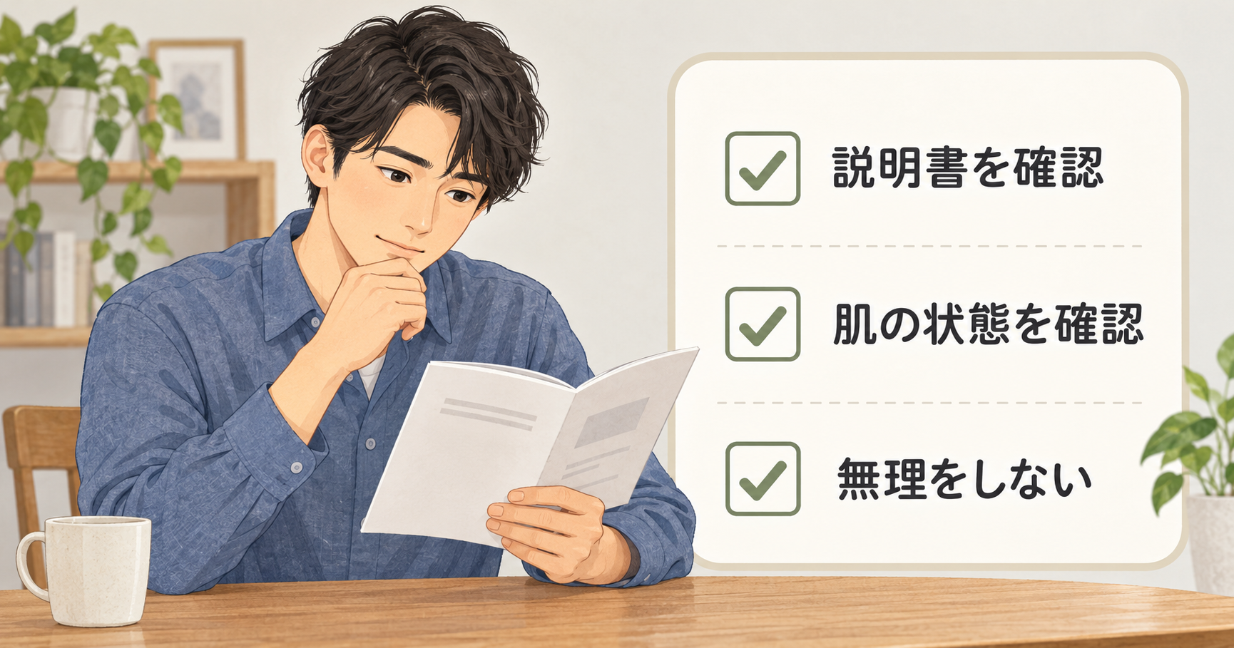 説明書を読む男性と、説明書・肌の状態・無理をしないことを確認するチェックリスト
