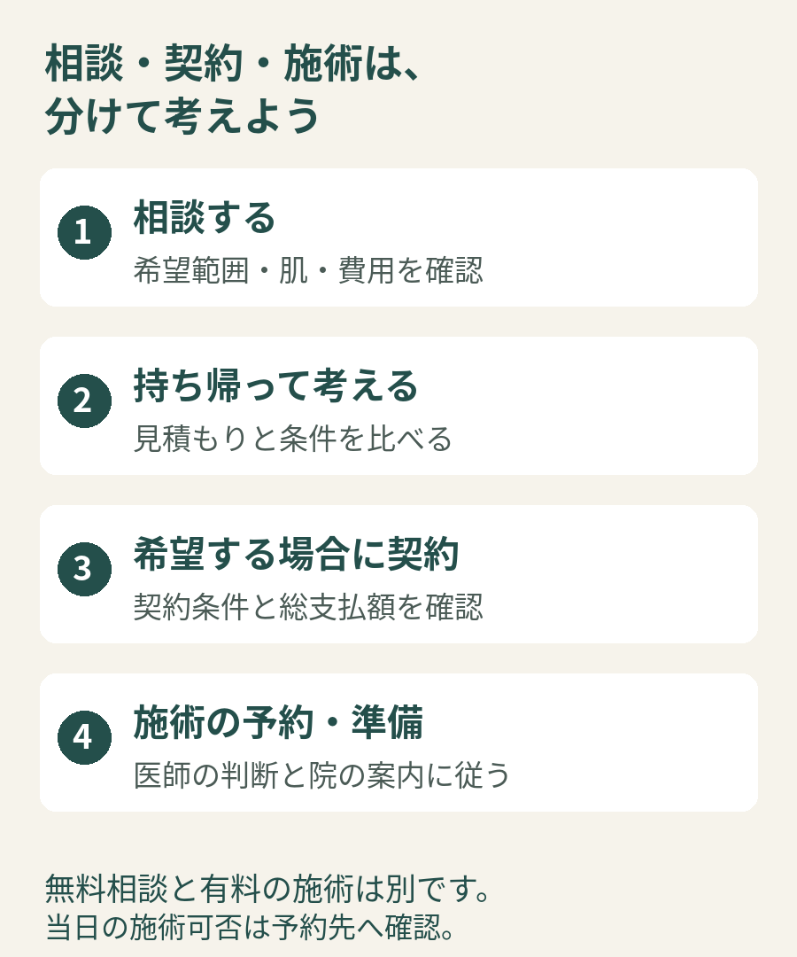 無料相談で確認し、持ち帰って検討してから、希望する場合に契約と施術予約へ進む流れ
