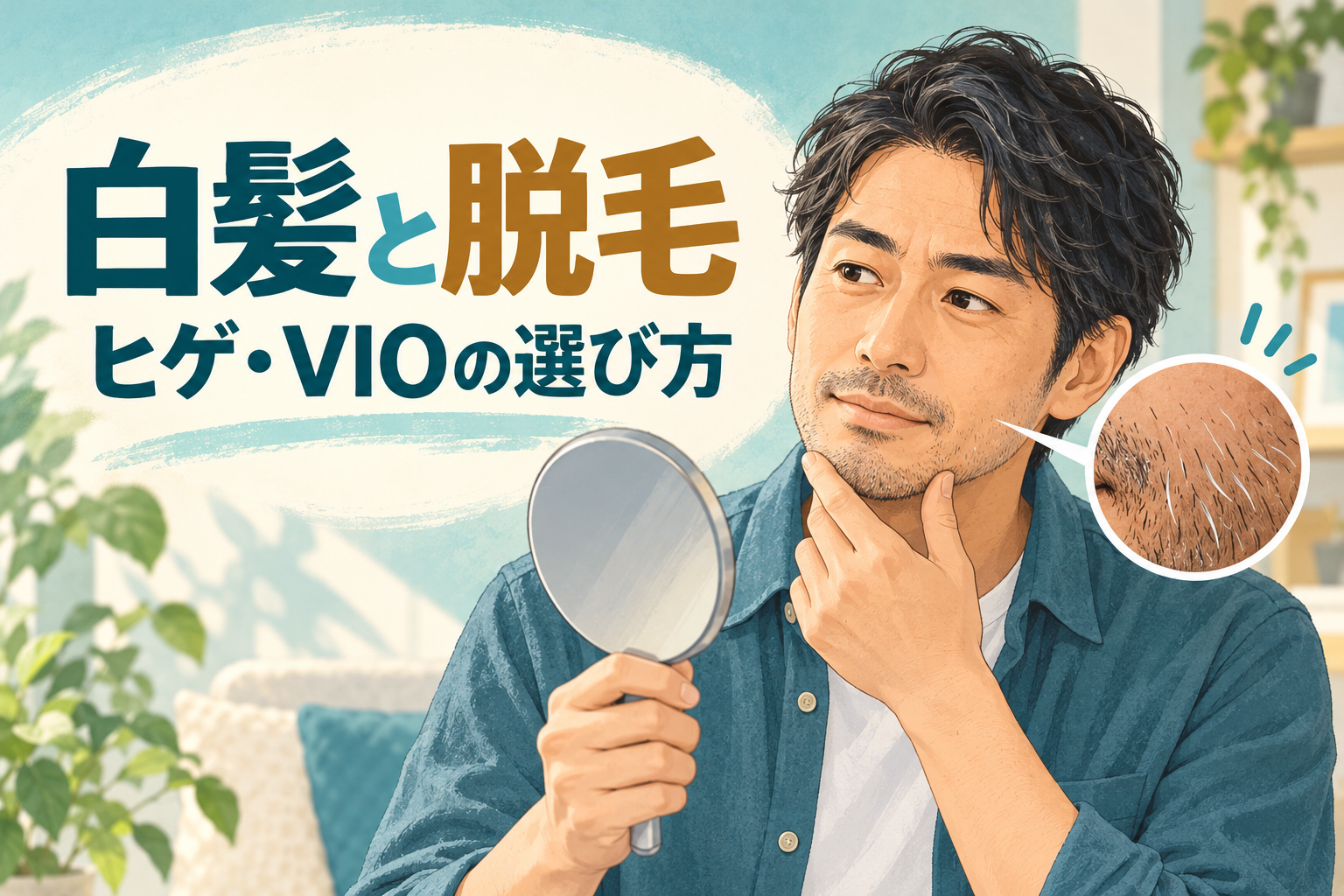 白髪混じりのヒゲを鏡で確認する男性と、ヒゲ・VIOの脱毛方法を選ぶためのイラスト