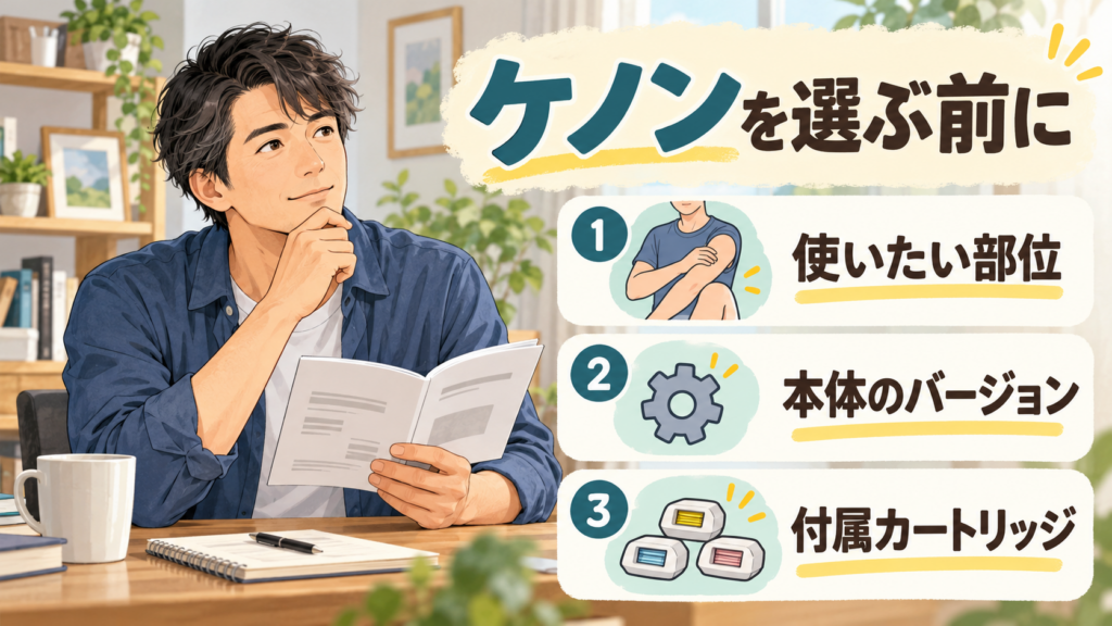 ケノンを選ぶ前に使いたい部位、本体のバージョン、付属カートリッジを確認するイラスト