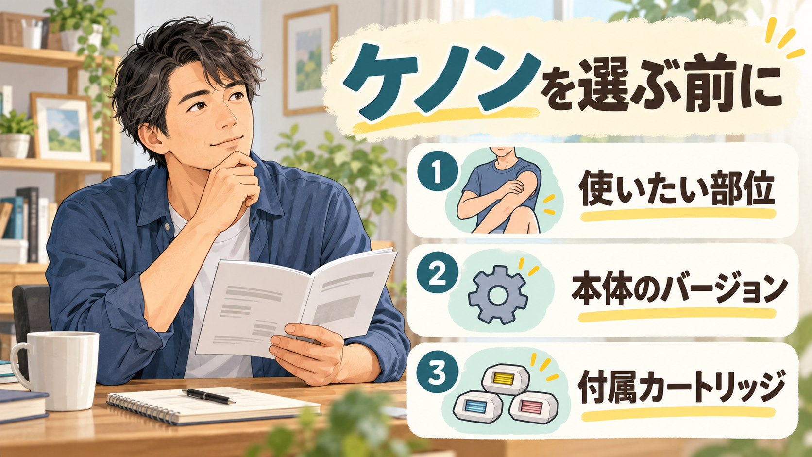 ケノンを選ぶ前に使いたい部位、本体のバージョン、付属カートリッジを確認するイラスト