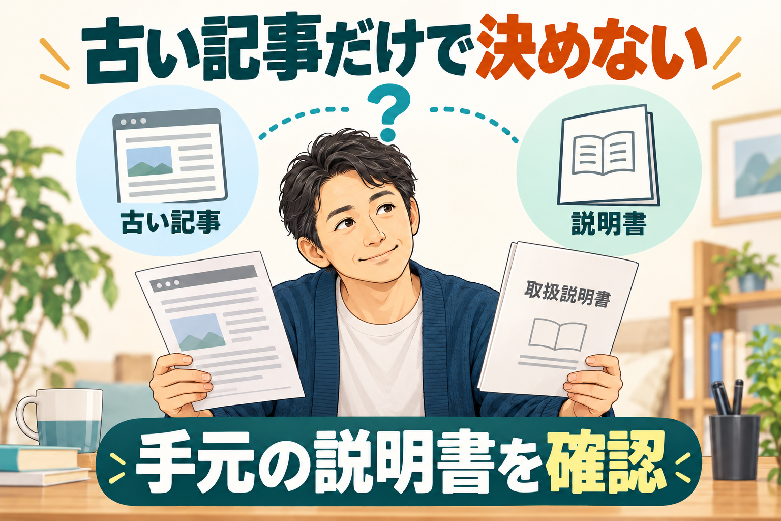 古い記事と手元の説明書を見比べ、機種に合う条件を確認する男性のイラスト