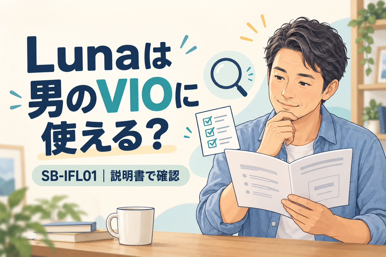 Luna SB-IFL01の男性VIO使用について、説明書を確認する成人男性のイメージ
