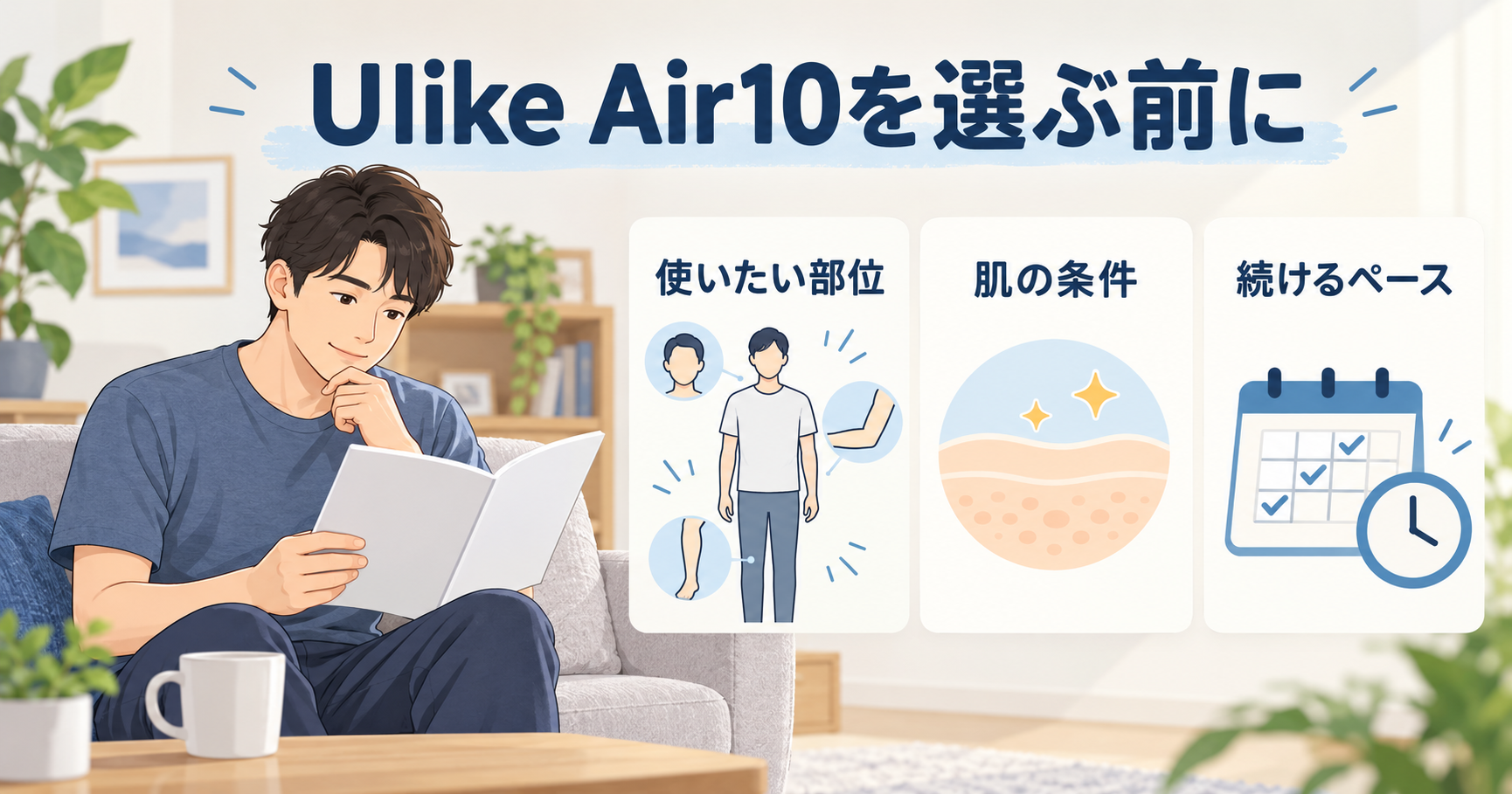 Ulike Air10を選ぶ前に確認したい使う部位・肌の条件・継続ペースを示すイラスト