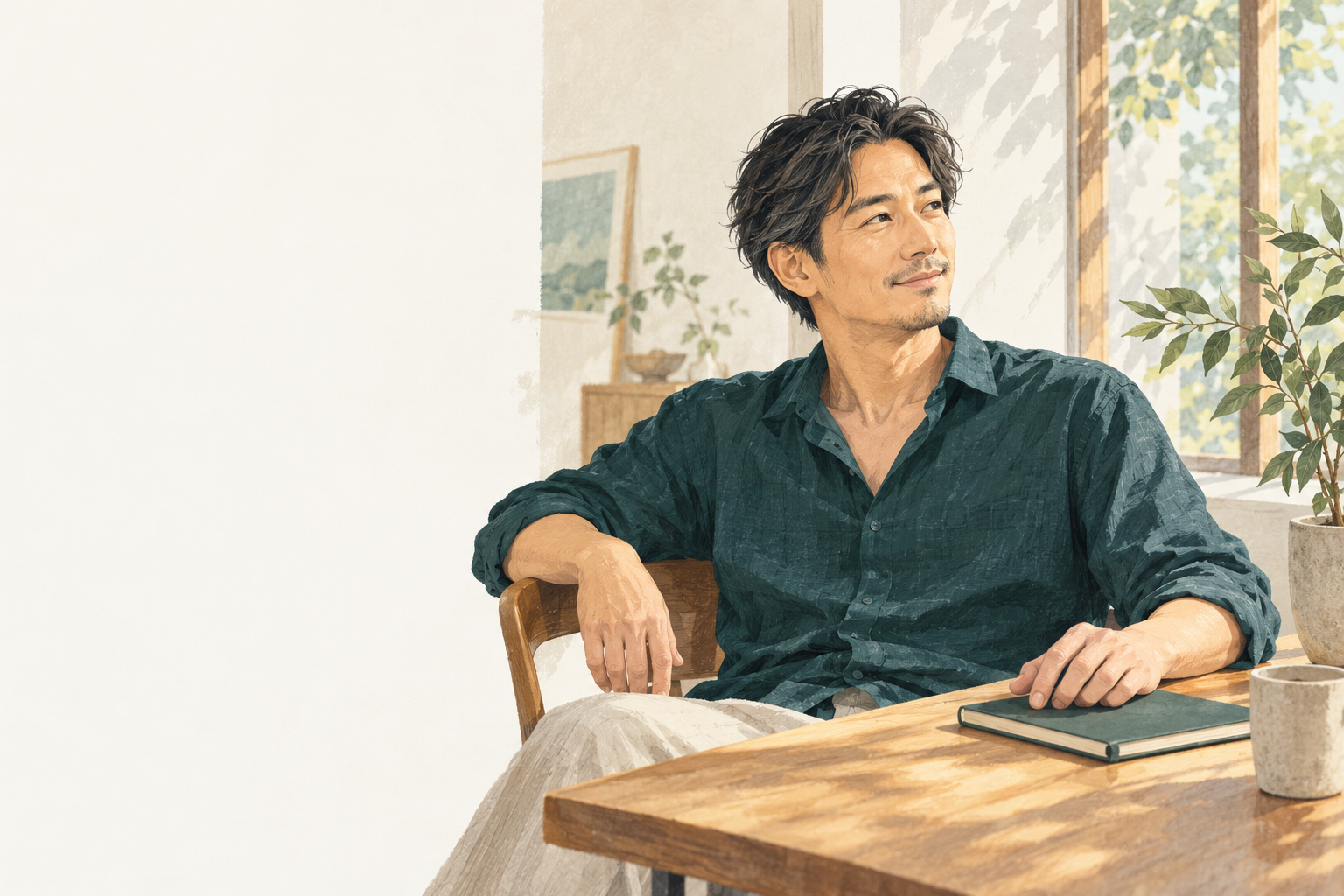 窓辺でくつろぐ大人の男性を描いたwaileaのイメージイラスト